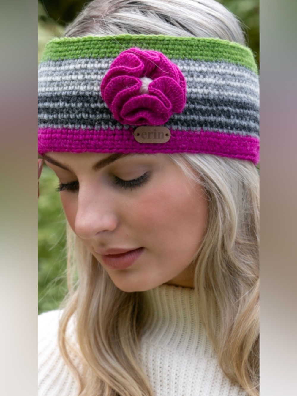 Striped Crochet Headband with Flower Accent - Pink, Green, Gray